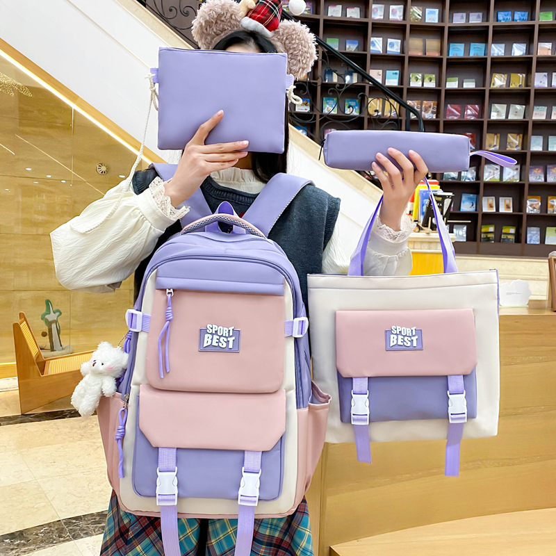 Trendy nylon four-piece set backpack in stock, fashionable color-blocking school backpack, large-capacity college student schoolbag for girls details Picture