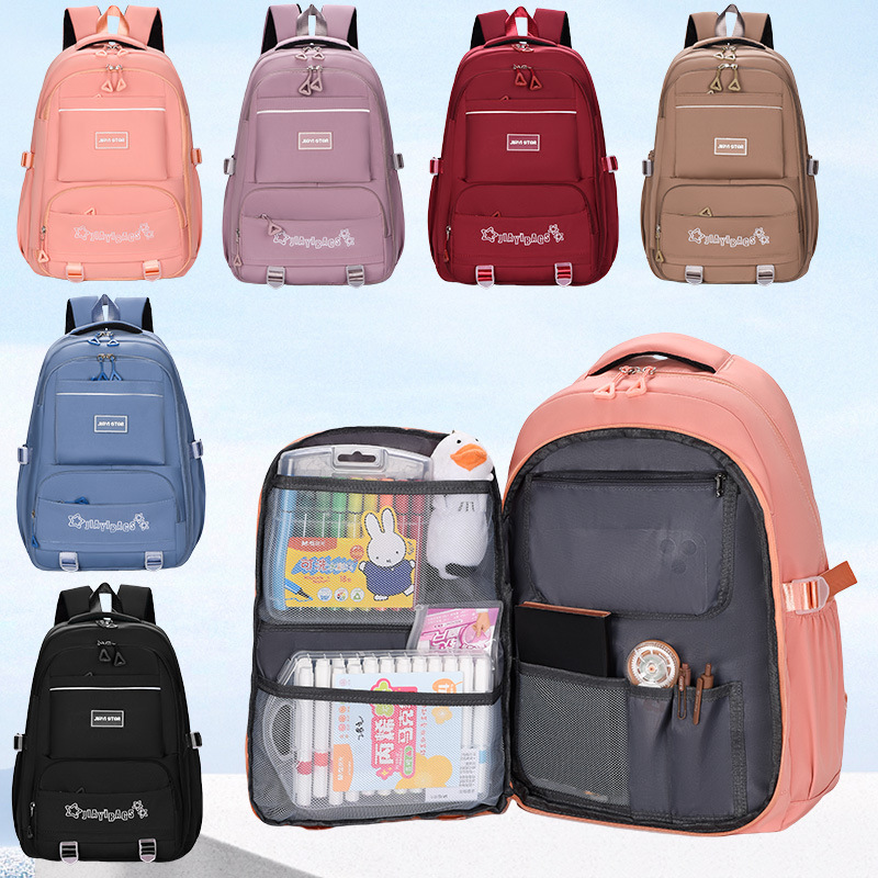 Backbag for girls, junior high school and college students, water-resistant, simple, large-capacity, multi-compartment backpack, backpack for reducing burden and protecting the spine details Picture