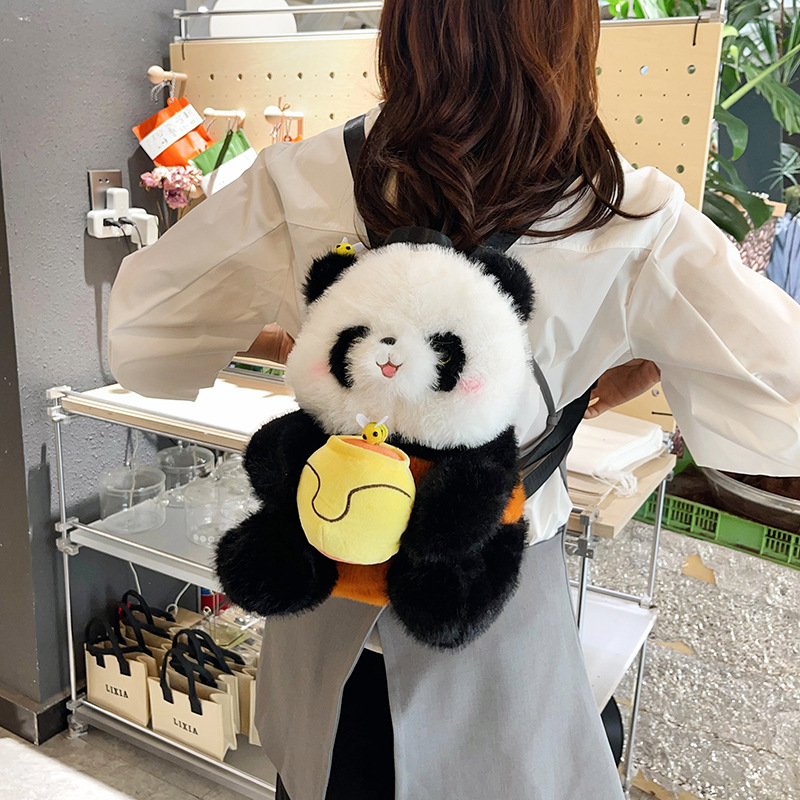 Cartoonson-style honey jar panda backpack, cute and soft, realistic panda plush toy children's backpack Application Scenario