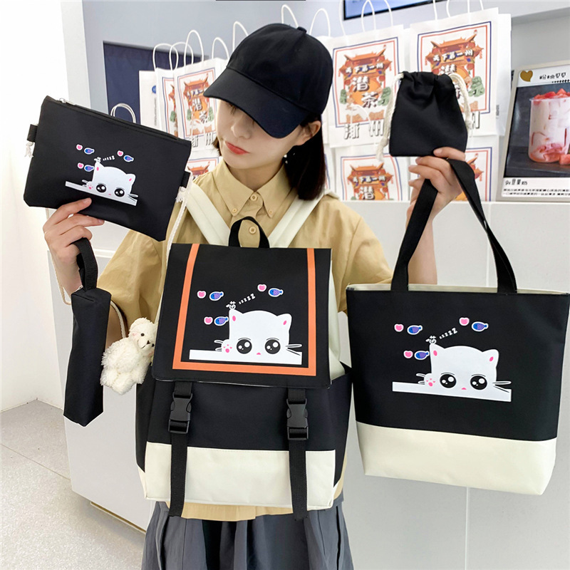 New school style 5-piece backpack set for Grade 34, 56 primary school students, cute cat-printed middle school schoolbag full figure