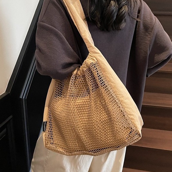 New large-capacity, simple 2025, soft and lightweight, hollowed-out mesh nylon women's bag, casual tote bag details Picture