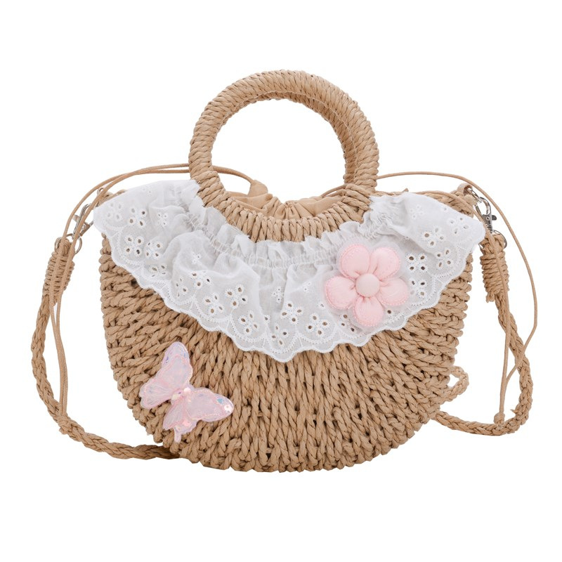 Sweet and cute lace straw woven handbag for women's summer 2025 new style seaside vacation casual beach woven bag Item Picture