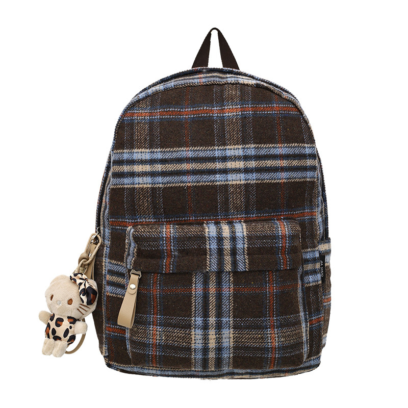 The new autumn and winter backpack is cute. It's a large-capacity backpack with a woolen checkered pattern design Item Picture