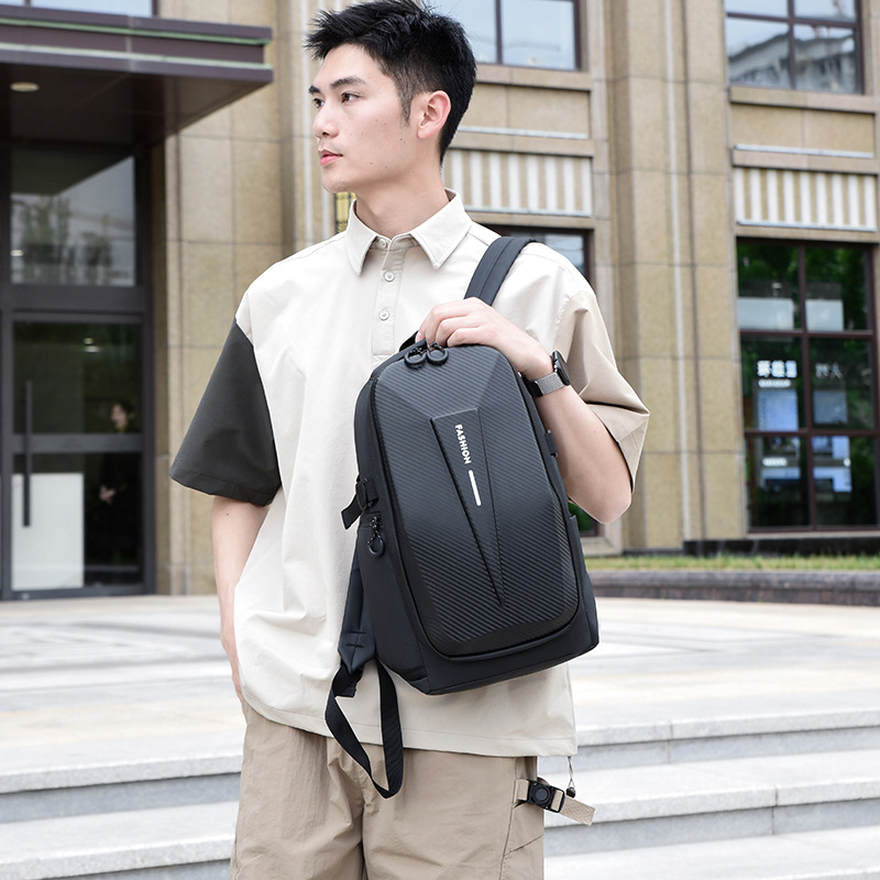 New trendy hard-shell backpack for men, large-capacity water-repellent cycling functional style backpack, anti-collision casual bag details Picture