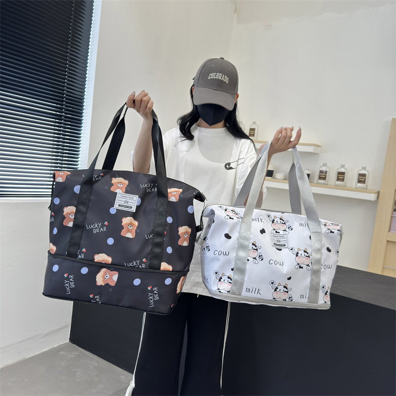 Large-capacity ladies' hand-held travel bag, fitness short-distance luggage bag, dry and wet separation, telescopic handle, maternity storage bag Specification drawing