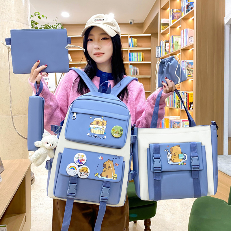 New Capibara canvas backpack for girls, cute and versatile, large-capacity five-piece set for primary and secondary school students details Picture