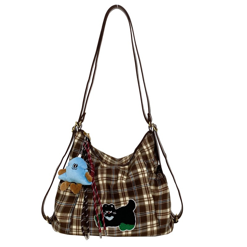 New cute handbags for autumn and winter, cartoon check pattern single-shoulder bag, fashionable large-capacity multi-purpose bag, versatile backpack Item Picture