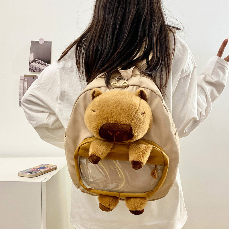Cartoon children's Capibara plush backpack, large capacity cute schoolbag for girls, Capybara versatile casual backpack details Picture