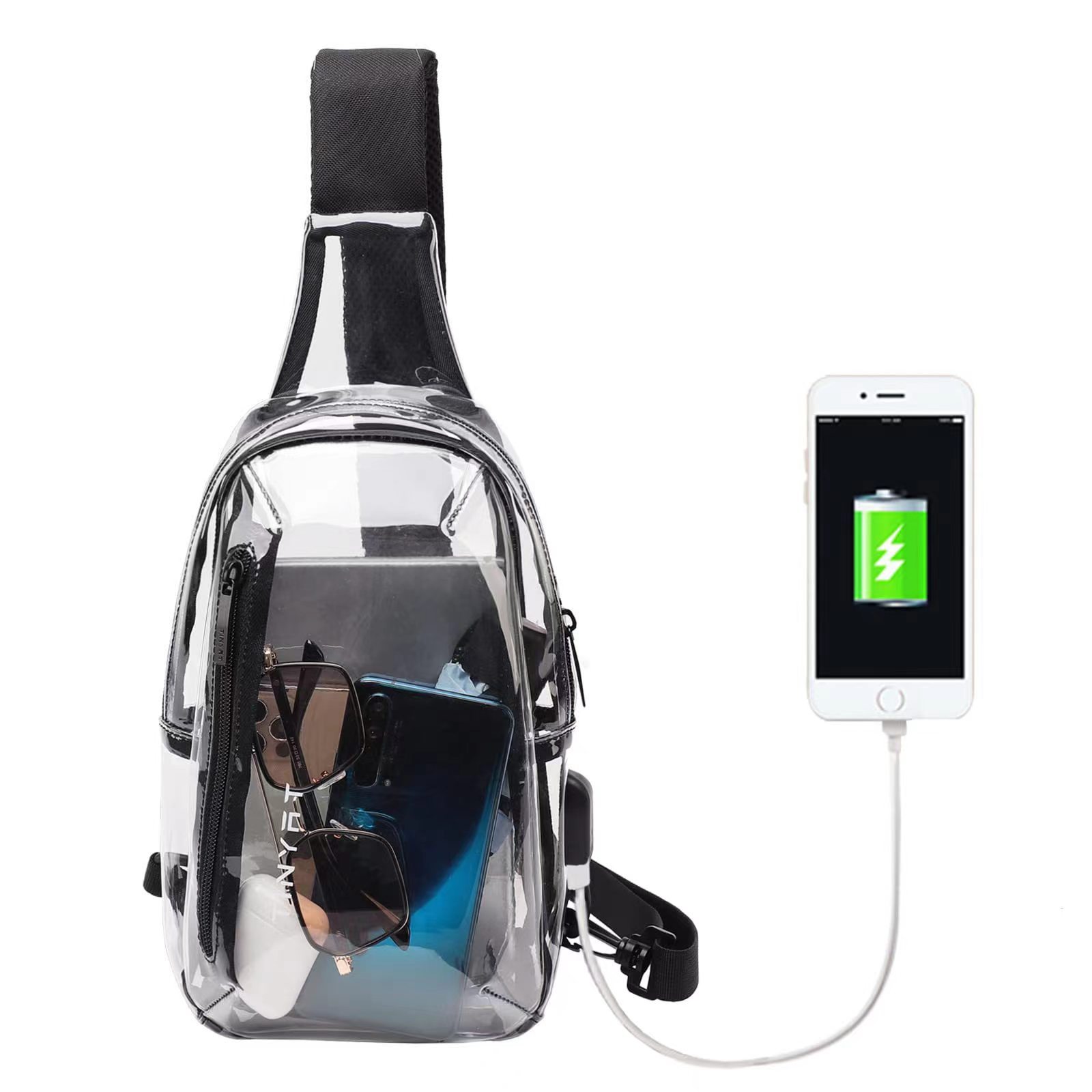USB storage bag, PVC transparent chest bag, women and men's casual crossbody single-shoulder bag, fitness and sports bag, waterproof and versatile details Picture