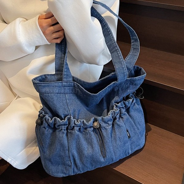 New cross-border single-shoulder bag, large-capacity handbag, denim pleated, simple, fashionable, casual and commuting tote bag Specification drawing