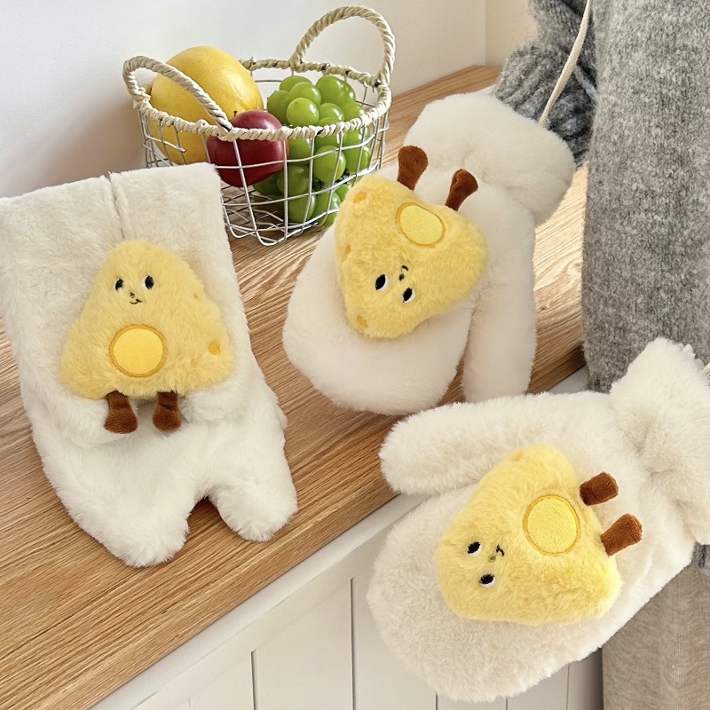 New two-piece set of three-dimensional cute cheese for students to keep warm and protect against the cold in autumn and winter, thickened mitten gloves, crossed neck for girls details Picture