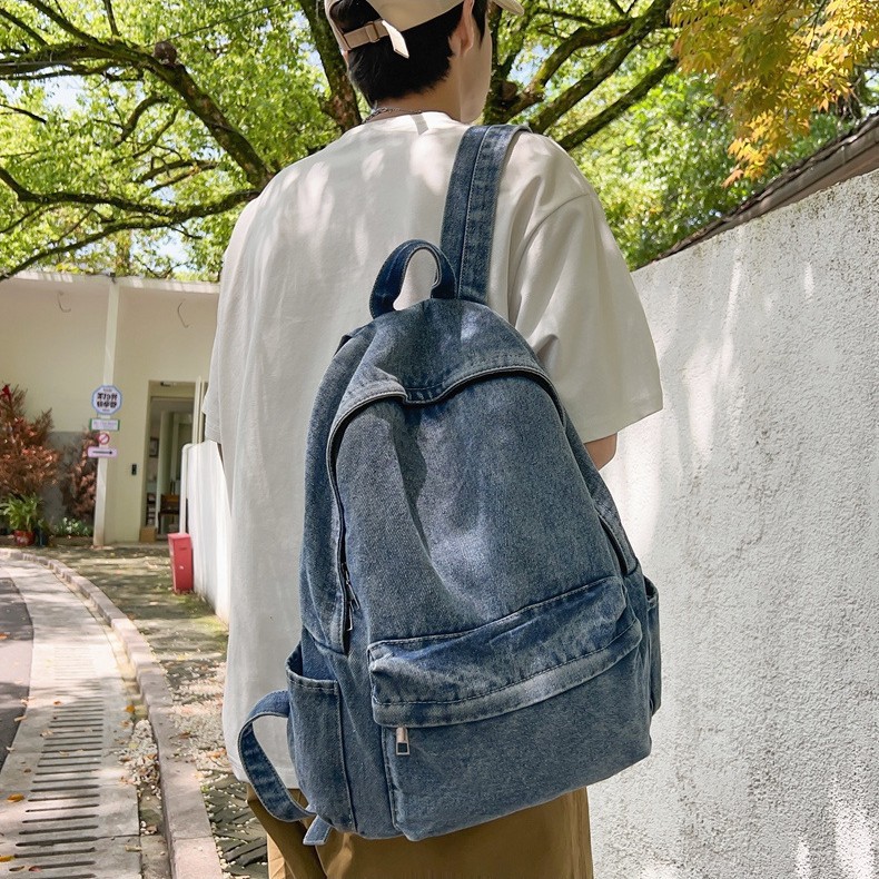 Korean-style versatile denim solid color backpack, large-capacity middle school bag, unisplus-style bag Specification drawing