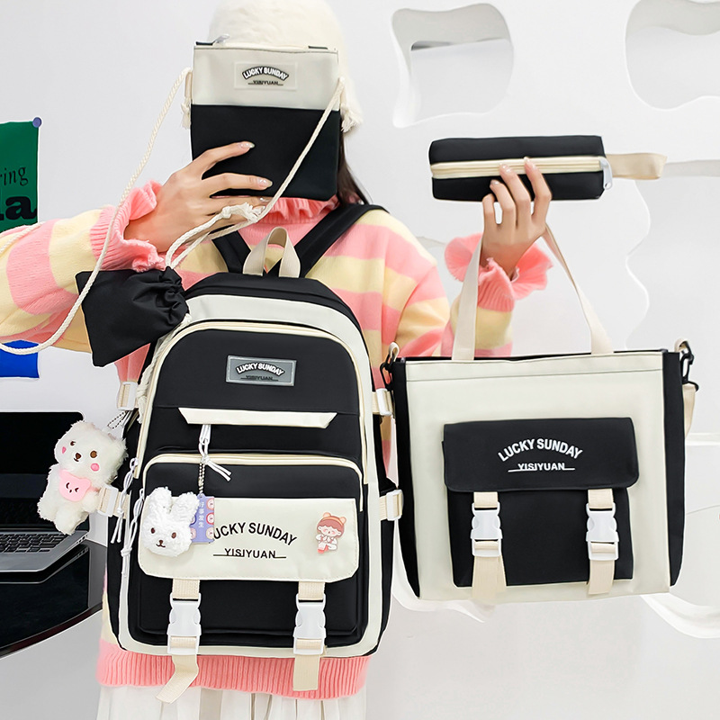 Wholesale of cross-border nylon wear-resistant schoolbags for female primary school students, large-capacity backpacks, new five-piece backpacks Application Scenario