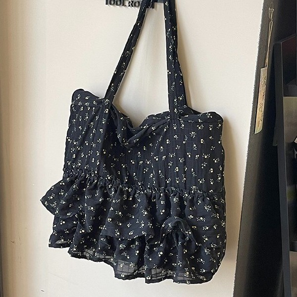Fresh and sweet floral ruffled single-shoulder bag 2025, large-capacity student class bag, fashionable commuting tote bag Specification drawing