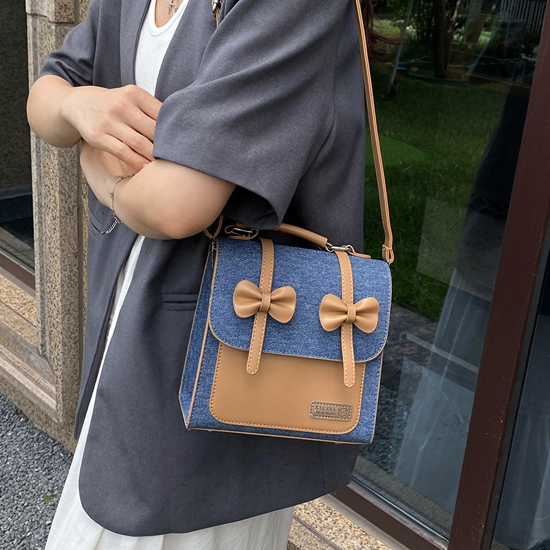 2025 New bow fashion school style backpack, multi-functional solid color retro small backpack, spliced single shoulder bag Specification drawing