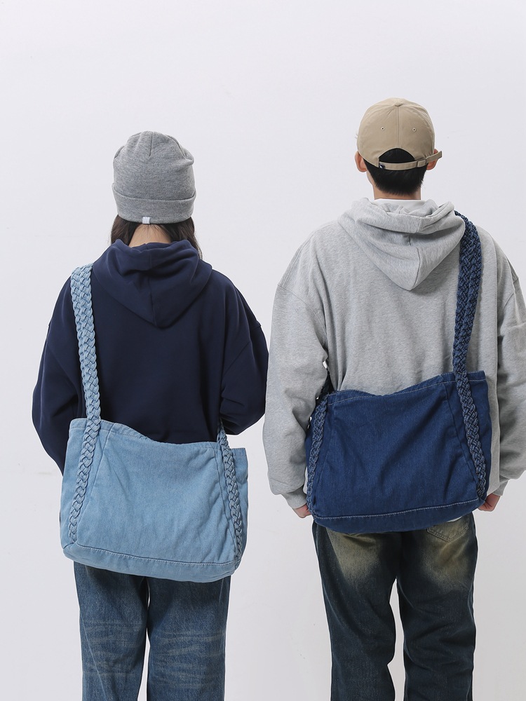Retro washed denim canvas bag for women, large-capacity casual and simple solid-color single-shoulder bag, college student crossbody bag Specification drawing