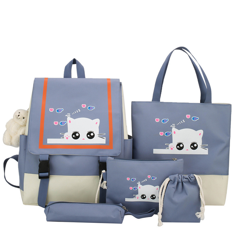 New school style 5-piece backpack set for Grade 34, 56 primary school students, cute cat-printed middle school schoolbag Item Picture