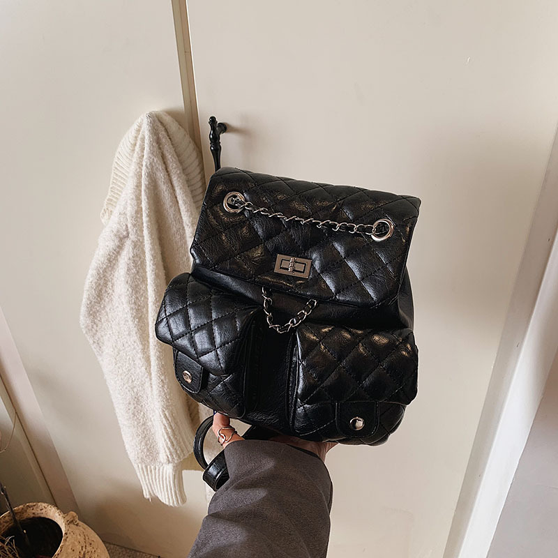 Diamond-shaped embroidered thread women's large-capacity backpack 2025 new style, versatile chain backpack, high-end retro schoolbag details Picture