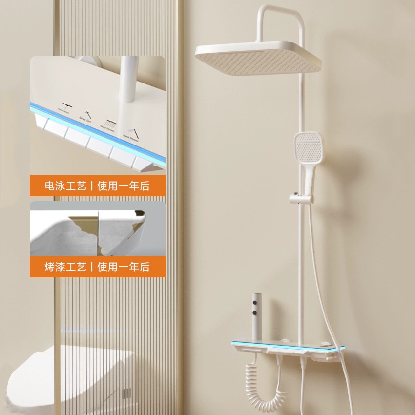 Cream-style ambient light shower head set, piano white constant-temperature brass shower, bathroom, household shower head details Picture