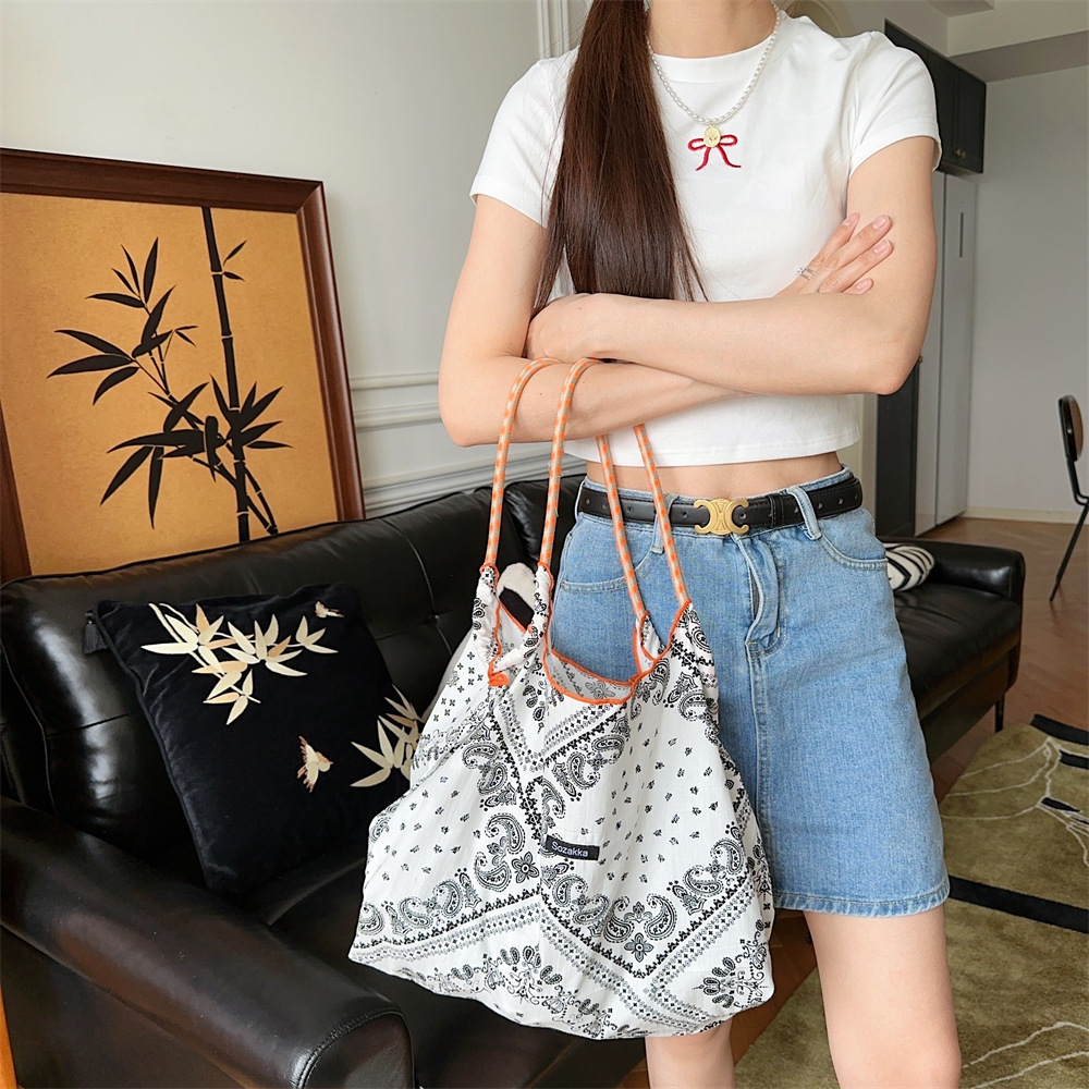 35243 Vintage cashew patterned canvas bag, large-capacity single-shoulder bag, casual shopping bag, shopping miscellaneous handbag full figure