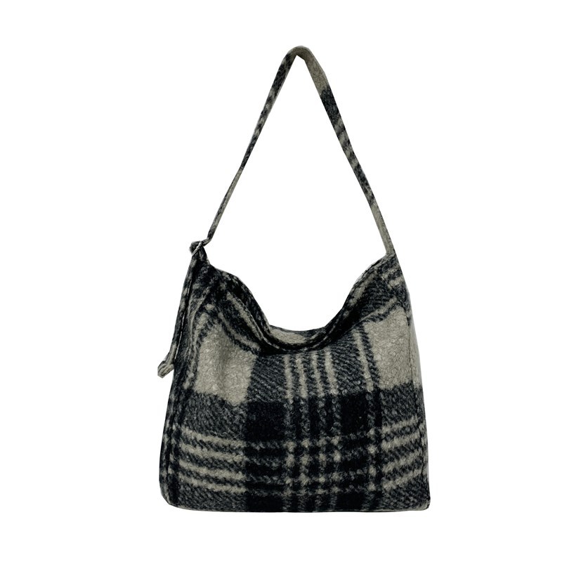Large-capacity checkered bag for women, new 2024 trendy autumn and winter versatile casual single-shoulder bag, school-style woolen tote bag Item Picture