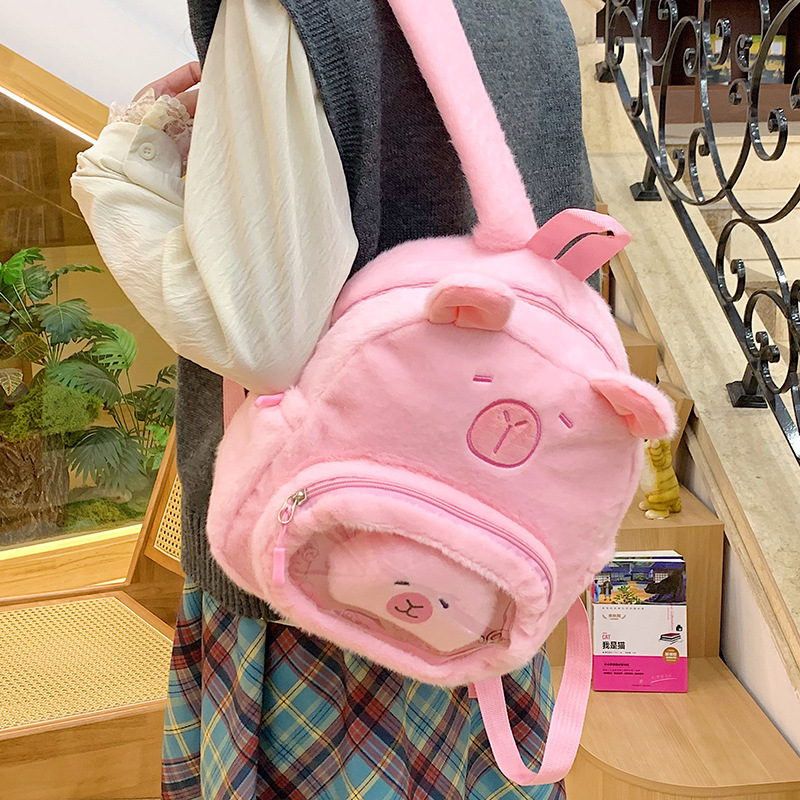Capibara plush backpacks are cute and versatile. Furry bags for girls, cartoon capybaras, and small student backpacks are available for cross-border supply details Picture