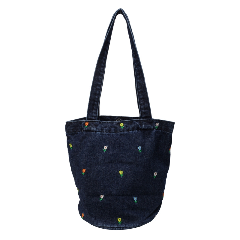 Spring new large-capacity shopping bags, niche artistic tote bags, embroidered casual and versatile hand-held denim bucket bags Item Picture