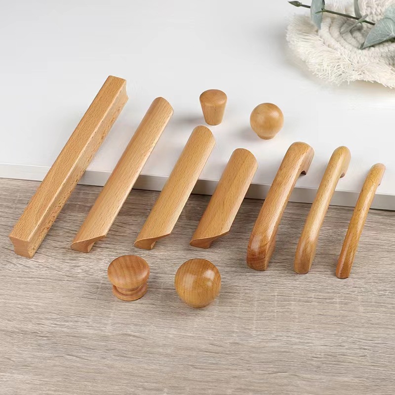 Modern and simple wardrobe door solid wood handle, drawer cabinet sub-handle, beech solid wood clear varnish color wooden small handle details Picture