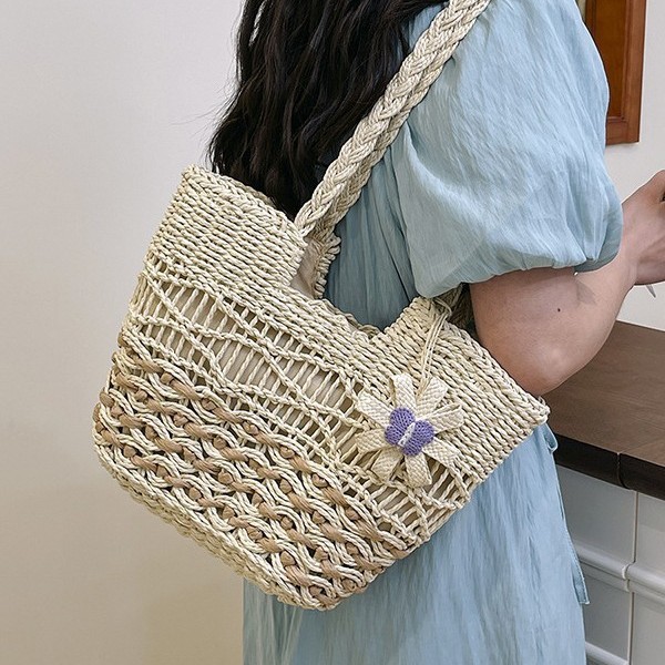 Large-capacity women's 2025 new style fashionable woven straw bag, summer hand-carry bag for seaside vacation Specification drawing