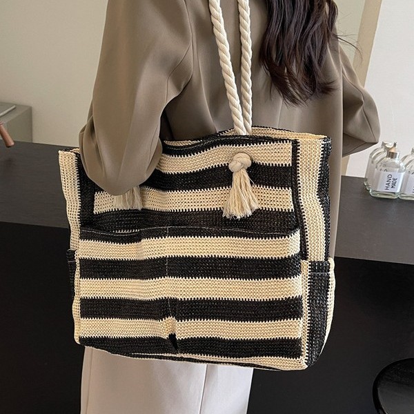 New women's bags, foreign trade grass woven bags, mommy bags, beach bags, Twitter bags, large-capacity single-shoulder bags, checkered bags Specification drawing