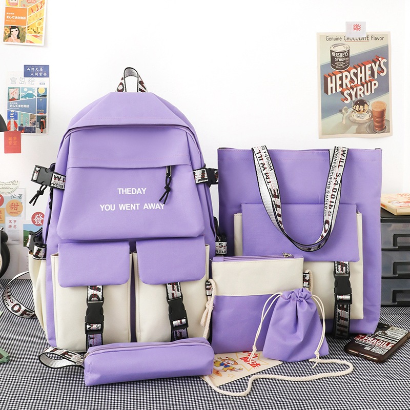 New nylon schoolbag five-piece set, fashionable Korean-style backpack, junior high school backpack, college student backpack, girls wholesale Application Scenario