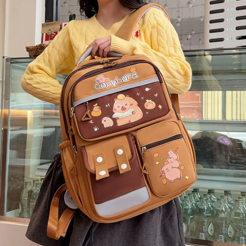 Cute Capibara student backpack, large-capacity class bag, children's spine protection and burden reduction schoolbag, junior and senior high school schoolbag details Picture