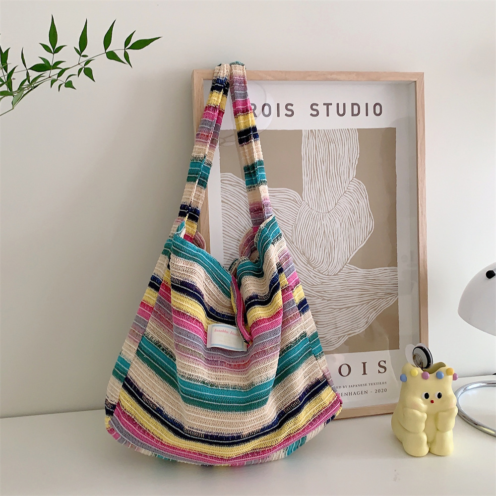 38101 Women's 2023 New style woolen knitted handbag, color-blocking rainbow striped underarm single-shoulder woven bag full figure
