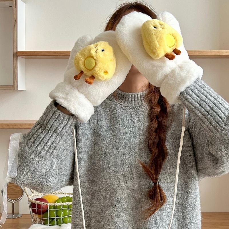 New two-piece set of three-dimensional cute cheese for students to keep warm and protect against the cold in autumn and winter, thickened mitten gloves, crossed neck for girls Specification drawing