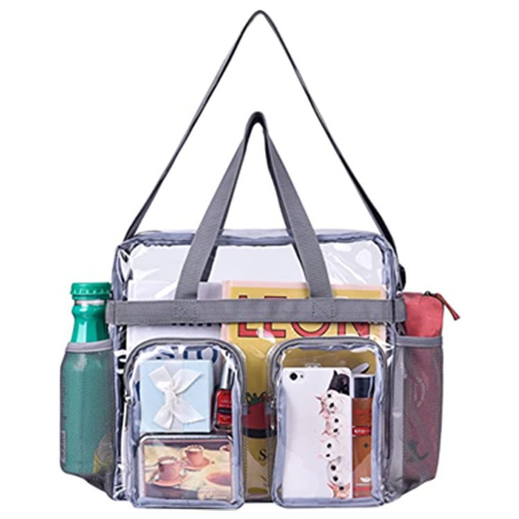 The new transparent PVC tote bag from Amazon is in stock. It has two front pockets and is portable when going out. It has multiple transparent pockets full figure