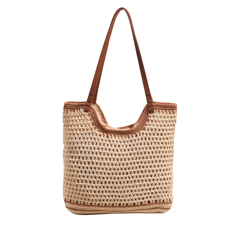 A new Korean-style, stylish and casual handcrafted grid eye hollowed-out knitted large-capacity shopping bag for single-shoulder crossbody women Item Picture