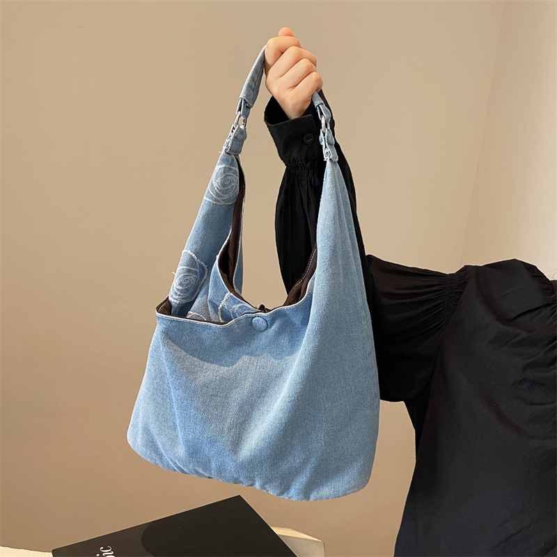 Rose patchwork denim canvas bag for women, 2024 new large-capacity tote bag for commuting to school, casual underarm bag full figure