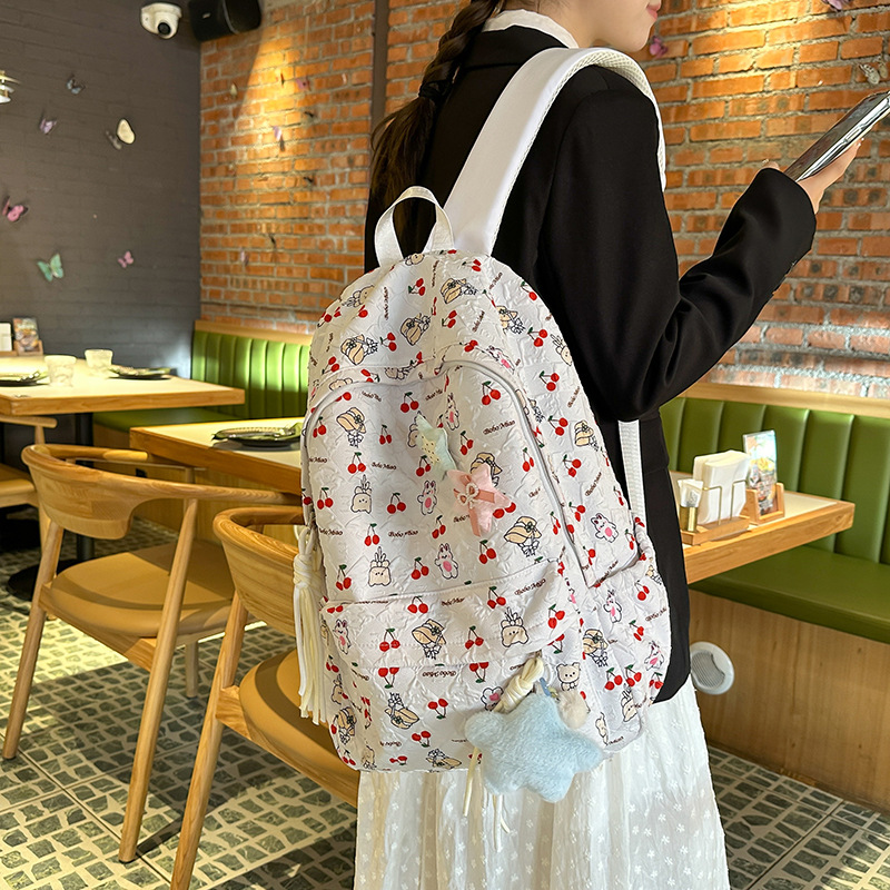 New female ins style cherry print backpack with large capacity, casual and high appearance level, cute cartoon schoolbag for middle school students details Picture