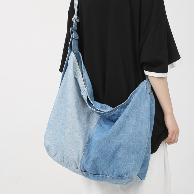Washed denim canvas crossbody bag for women, retro, artistic and laid-back style, large-capacity color-blocked tote bag, casual student bag details Picture