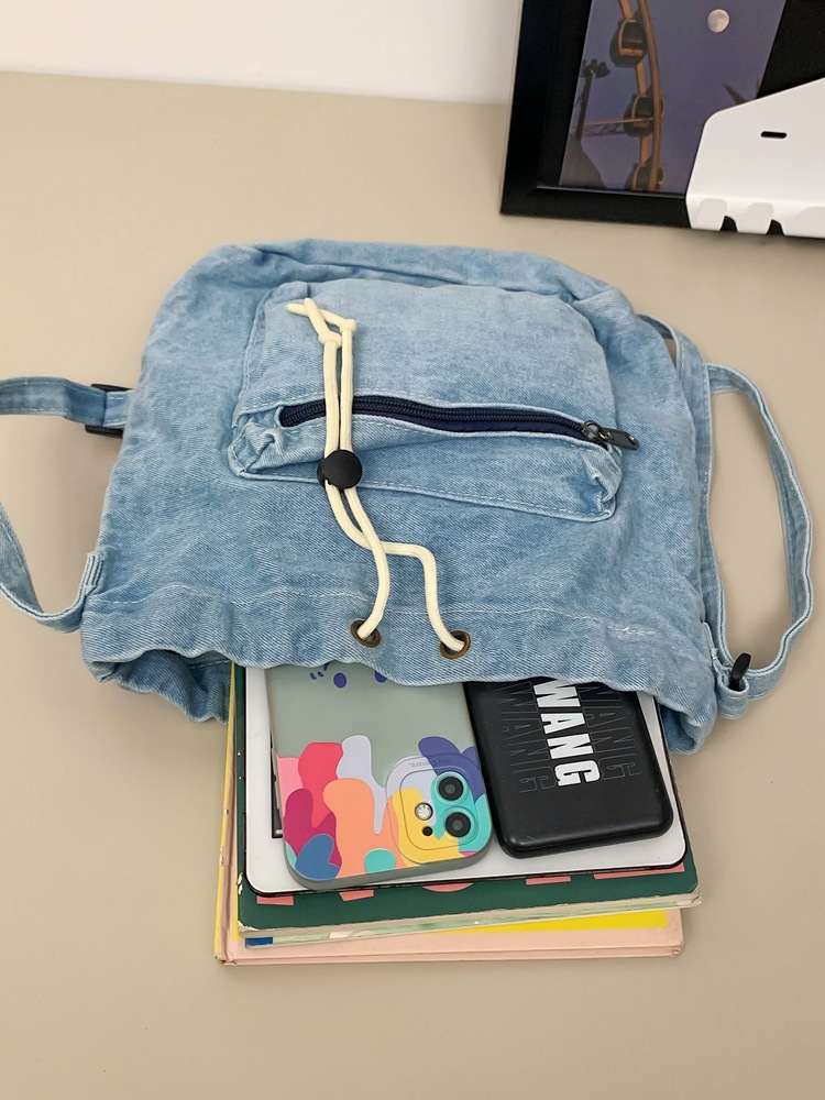 Washed denim canvas bag for women, 2024 new style single-shoulder bag, drawstring drawstring bucket bag, student crossbody bag, small backpack Item Picture