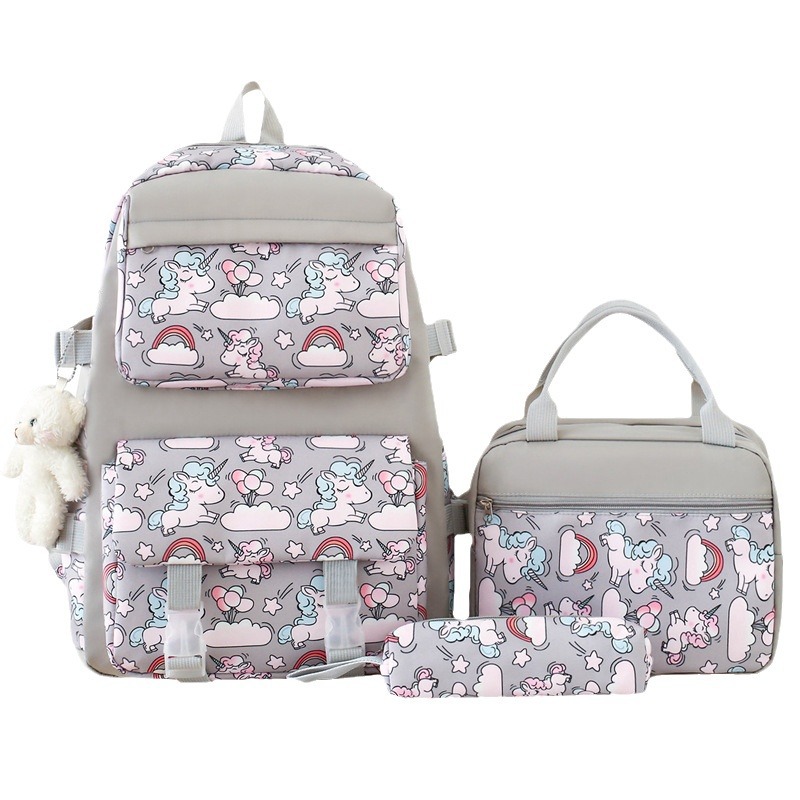 New spine support nylon backpack for girls, cute cartoon bento bag, three-piece set, large-capacity schoolbag for students Item Picture