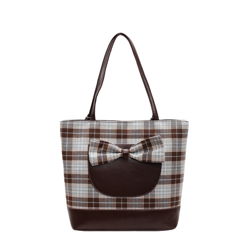 The new Tote bag is a large-capacity, niche bag for girls with a checkered pattern and a fresh bow. It is a multi-functional backpack Item Picture