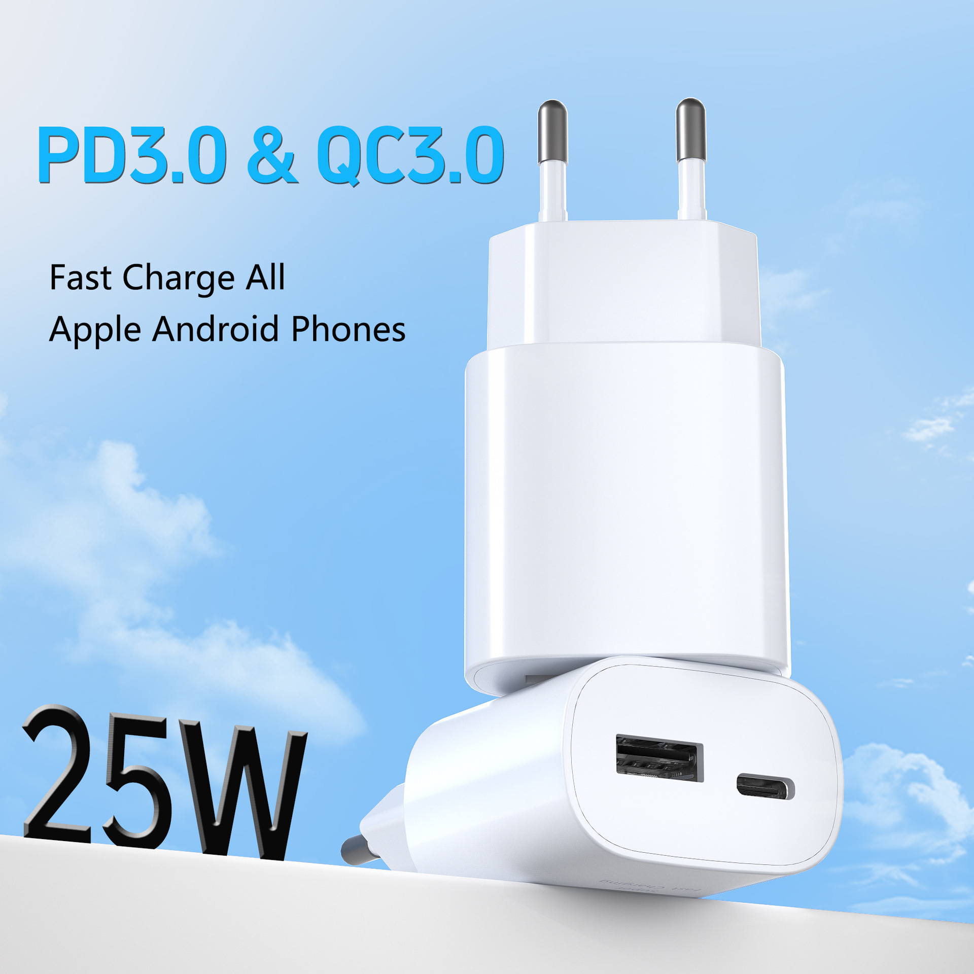 The European standard charging head is suitable for cross-border use with the Samsung s23ultra fast charging multi-port charger and USB+PD dual-port fast charging head Specification drawing