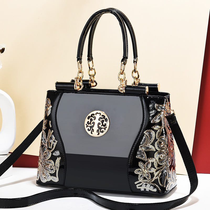 Chinese-style embroidered women's patent leather bag 2022 new single-shoulder large-capacity handbag, cross-border export shiny leather women's bag Specification drawing