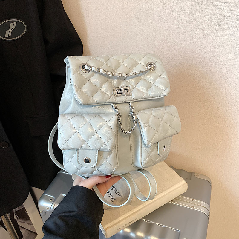 Diamond-shaped embroidered thread women's large-capacity backpack 2025 new style, versatile chain backpack, high-end retro schoolbag Specification drawing