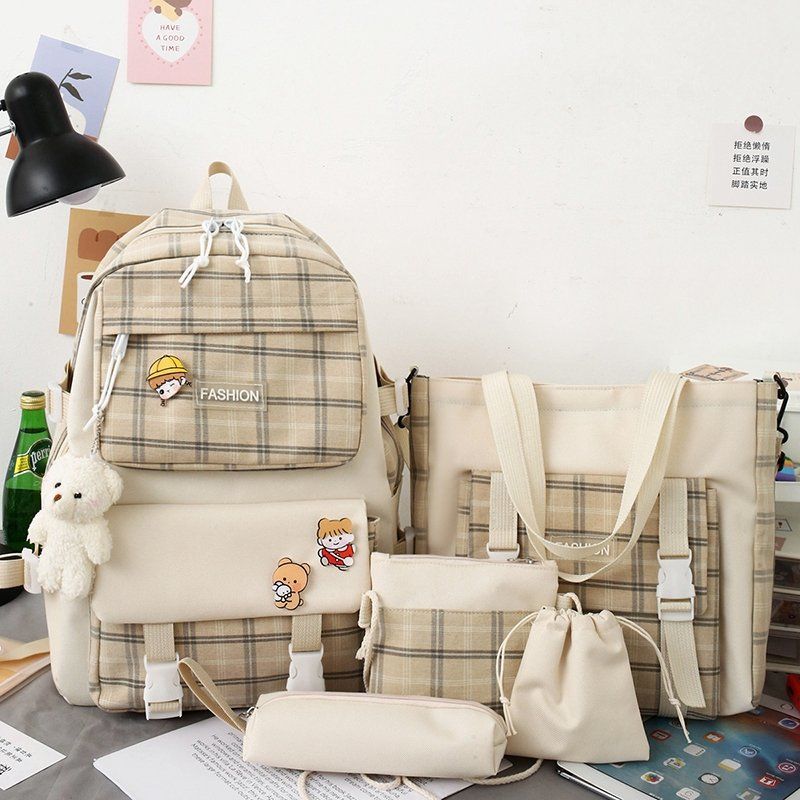 Cute checkered schoolbag for girls, Korean style simple backpack five-piece set, casual Japanese-style backpack manufacturer supply full figure