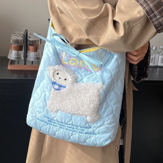 Korean-style cute embroidered pattern drawstring single-shoulder bag, simple and versatile, adjustable crossbody bag, school-style commuting bag Specification drawing