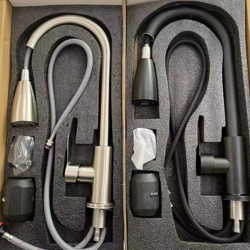 A pull-out faucet, a household stainless steel kitchen sink, a telescopic rotating faucet, and a pull-out faucet full figure