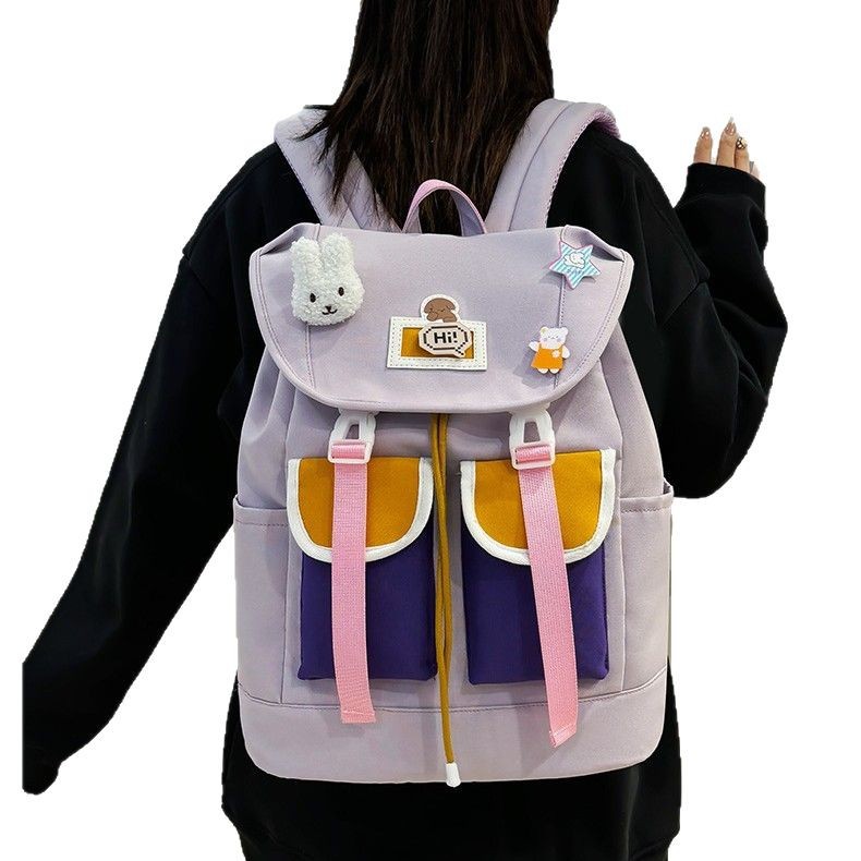 Versatile and trendy schoolbag for girls, cartoonish and fashionable student backpack, high-end for women, casual and fresh, color-blocking backpack Item Picture
