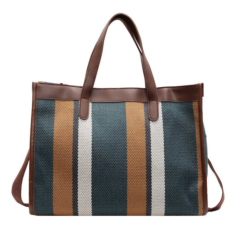 Canvas bag, women's large-capacity 2024 new color-blocking single-shoulder bag, fabric bag, college student class bag, commuter tote bag Item Picture